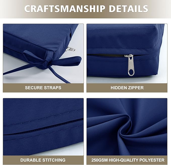 Outdoor Bench Cushion Waterproof 45"x18" – Fade-Resistant Patio Furniture Cushion with Ties for Porch Swing, Loveseat, or Indoor Bench Replacement, Navy Blue