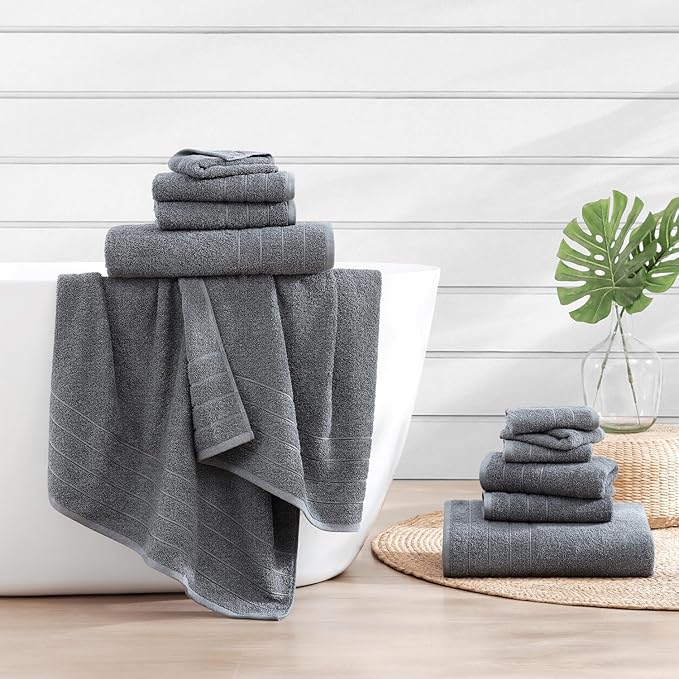 Casa Platino 100% Cotton Luxury Bathroom Towel Set - 12 Pc - Ring Spun, Quick Dry, Soft & Highly Absorbent - 4 Bath, 4 Washcloths, 4 Hand Towels - Remains Plush After Multiple Washes - Cool Grey