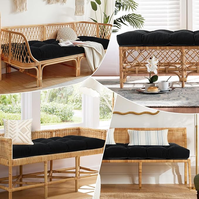 Bench Cushion 42 Inch - Chenille, High-Density Memory Foam, Non-Slip Bottom, Soft Durable Indoor Tufted Long Seat Cushion for Window Garden Furniture (Black, 42x16x4 Inch)