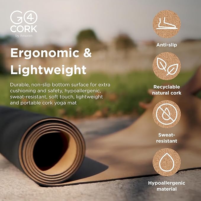 Go4Cork Yoga Non-Slip Essential Cork Yoga Mat - 25.59" x 4.72" | 4.72" Thick, Large & Eco Yoga Mat | Lightweight & Compact Home Gym Fitness, Pilates Exercise & Stretching Accessories | Natural/Black