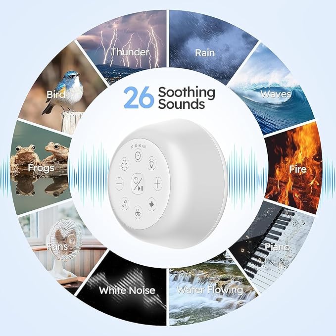 Rechargeable White Noise Machine with 9 Colors Night Light, Portable Sound Machine for Baby Adult Sleeping with 26 Soothing Sounds/4 Levels Brightness/5 Timers/32 Levels Volume for Home, Travel, Gift