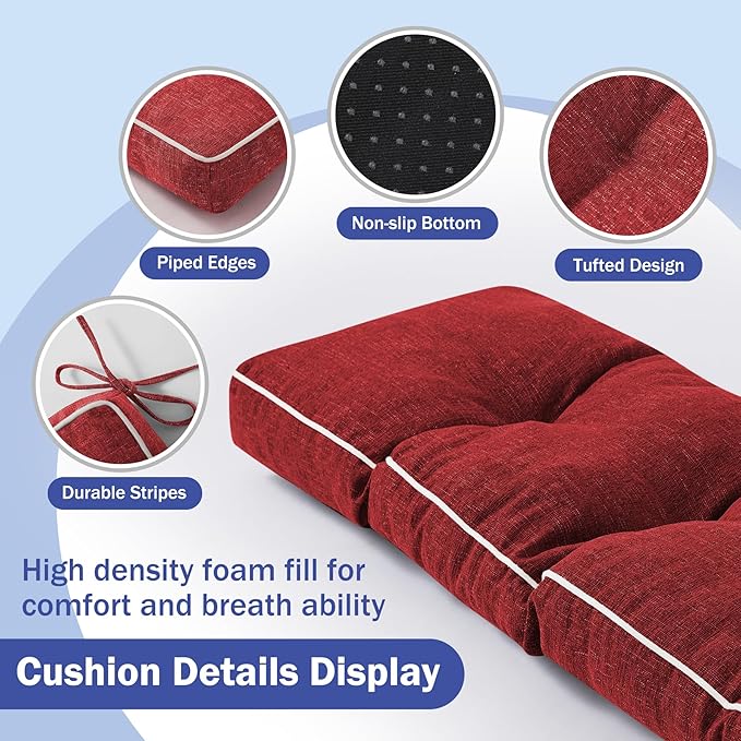 Bench Cushions for Outdoor Furniture, 36 x 14 Inch Outdoor Bench Cushion, Patio Bench Cushion with Durable Ties, Long Patio Seat Cushions for Garden, Indoor, Kitchen&Dining, Red