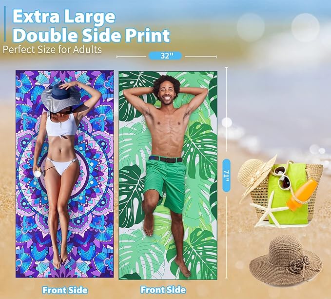 2 Pack Microfiber Thin Beach Towel Lightweight 71x32 Oversized Extra Large Sand Free Towels Quick Dry for Travel Pool Yoga Gym Sports Beach Accessories Vacation Essential Gift