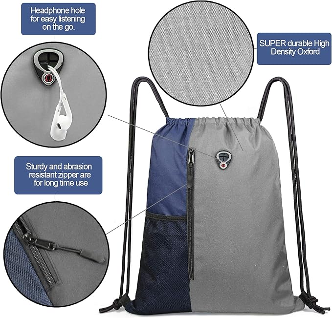 BeeGreen Grey Drawstring Backpack Sports Gym Bag For Women Men Large Draw String Bags Pack With Zipper and Water Bottle Mesh Pockets Workout Bag