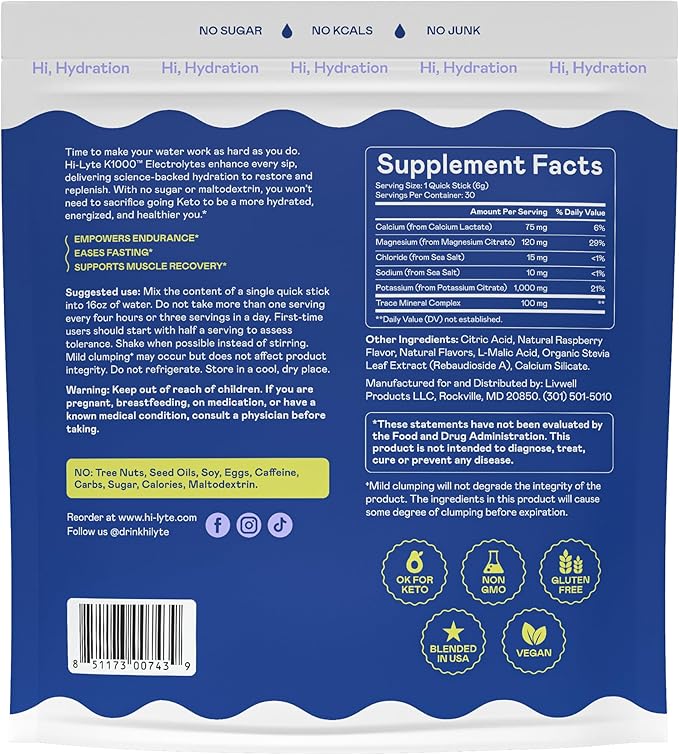 Hi-Lyte K1000 Electrolytes Sticks Blue Raspberry Keto & Performance, 30 Servings - 1000mg Potassium + Magnesium, Sodium, Trace Minerals - 0 Carbs, 0 Sugar