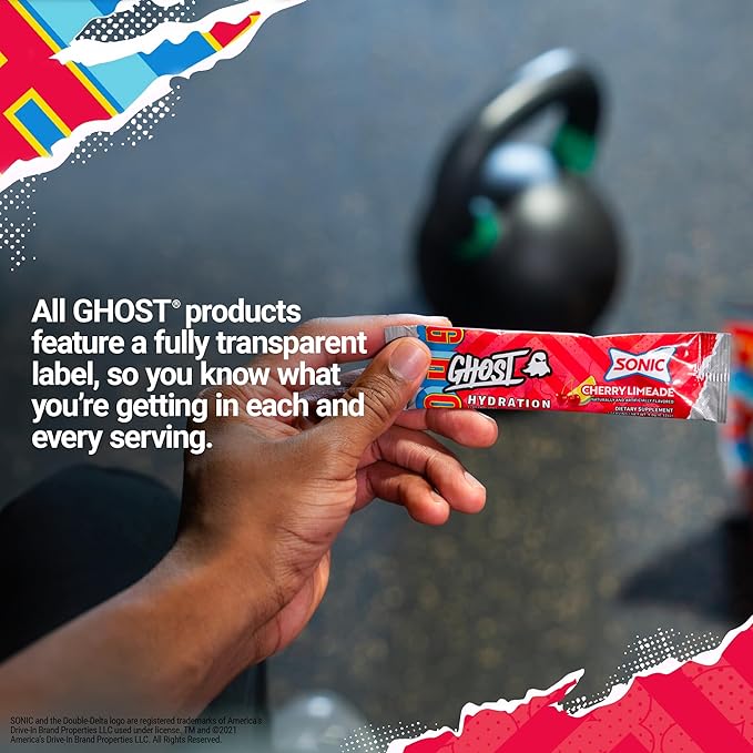 GHOST Hydration Packets, Sonic Cherry Limeade, 24 Sticks, Electrolyte Powder - Drink Mix Supplement with Magnesium, Potassium, Calcium, Vitamin C - Vegan Friendly, Free of Soy, Sugar & Gluten