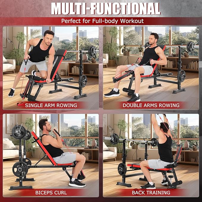 OPPSDECOR 8-in-1 Foldable Weight Bench Set with Squat Rack, Adjustable Bench Press Home Gym System for Full-Body Workout, Flat Incline Decline Sit Up Bench with Removable Foot Catch & Elastic Ropes
