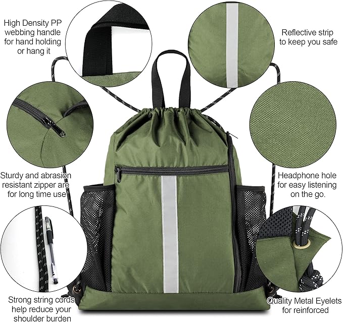 BeeGreen Moss Green Drawstring Bag Pack Sport Cinch Sack with Shoe Compartment and Two Side Mesh Pockets Heavy Duty Gym String Backpack for Unisex
