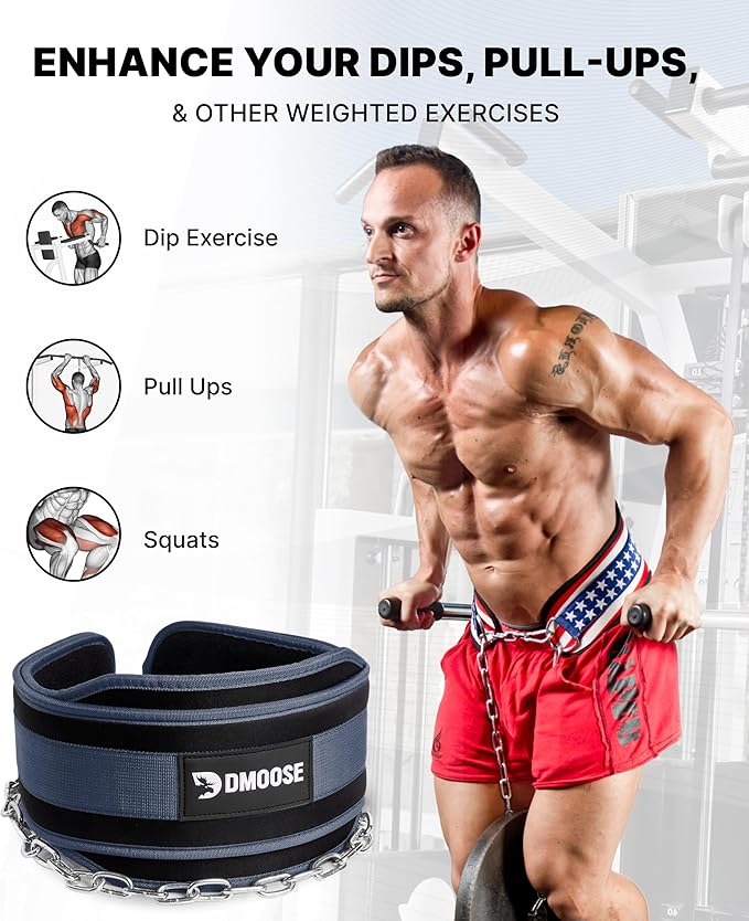 DMoose Fitness Dip Belt for Weight Lifting, Pullup, Squats & Dips - 36" Robust Steel Chain, Comfortable Neoprene Padding Supports 350lbs - Gym Weight Belt for Strength Training Workout & Weightlifting