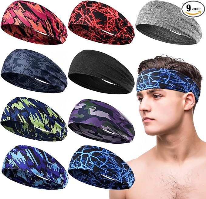 9 pcs Sweatbands for Men Workout Sport Headbands for Men Camo Headband Sweat Absorbing Headband Wide Sweatband for Head Basketball Football Cycling Running Yoga, 4.7 x 9.8 Inch