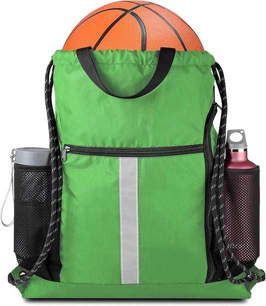 BeeGreen Bright Green Drawstring Backpack Bag Sports Gym Backpack with Shoe Compartment and Two Water Bottle Holder for Men Women Large Athletic Cinch Sackpack Workbag