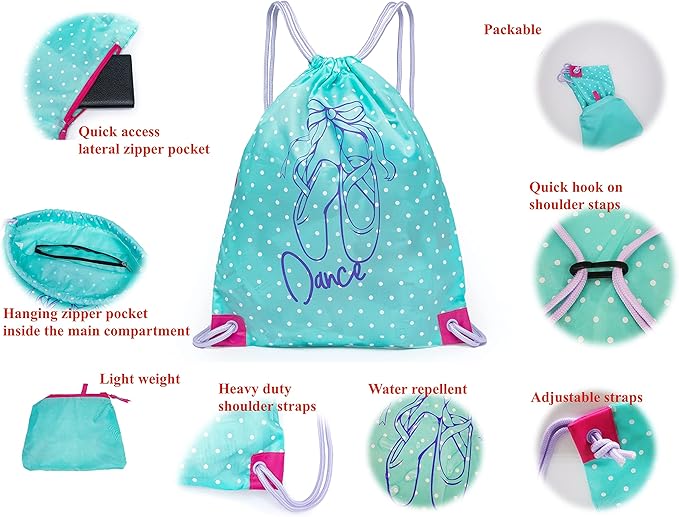 Girls Drawstring Dance Bag,Gym Sport Drawstring Bag,Dance Ballet Shoe Bag (Ice Green- Purple)