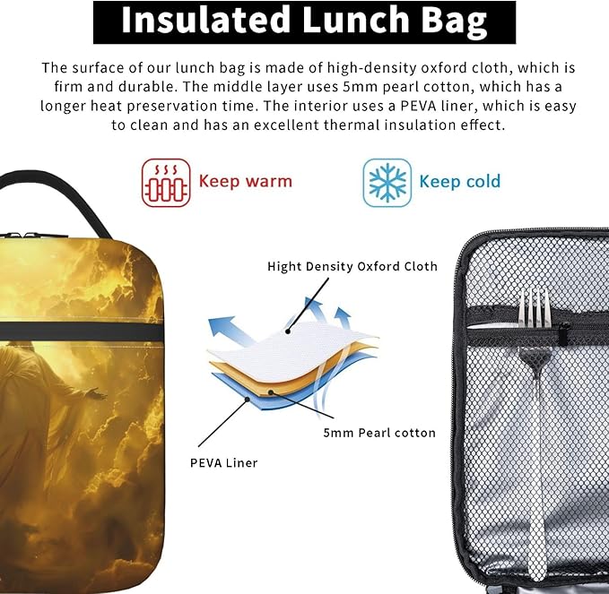 God Print Insulated Lunch Box Gifts for Kids Adults Golden Light and Silhouette of Jesus Design Reusable Portable Lunchbox Cooler Lunchbag for Work Picnic School Travel or Hiking