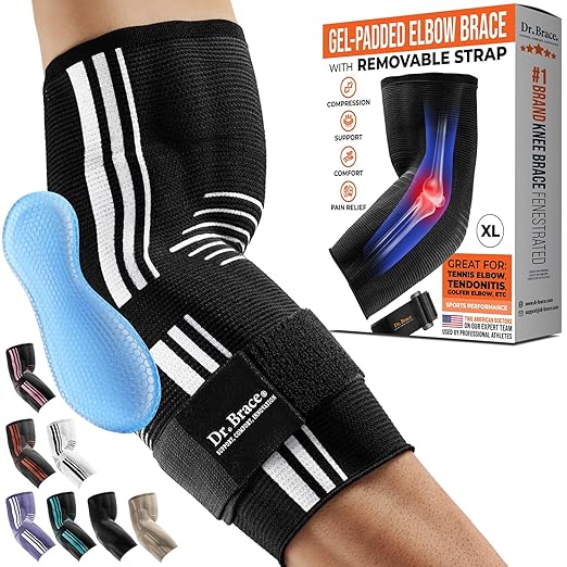 DR. BRACE® Elite Elbow Brace Support, Breathable Elbow Compression Sleeve with Gel Pad for Golfer's, Tennis Elbow & Tendonitis Treatment & Pain Relief 2024 (A Black-White, X-Large)