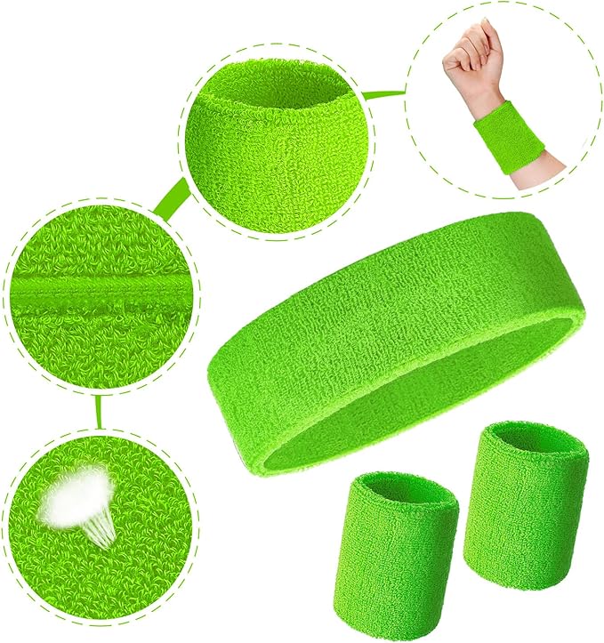 24 Pieces 80s Neon Sweatbands Set, Include 8 Sports Headbands and 16 Sweat Wristbands Elastic Athletic Tennis Sweat Bands Bulk for Man Woman