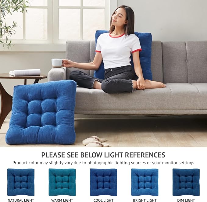 Degrees of Comfort Meditation Floor Pillow Set of 2, Square Large Pillows Seating for Adults, Tufted Corduroy Cushions for Living Room Tatami, Memory Foam Added, Navy Blue, 22x22 Inch