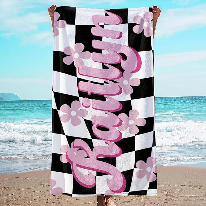 JML Personalized Beach Towel with Name, Custom Flower Beach Towel, Customized Microfiber Pool Towel, Quick Dry & Absorbent Swim Towel for Adult,Mother's Day, Birthday, Summer Holiday,Vacation