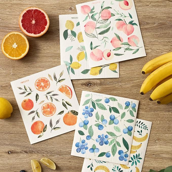 RECYCO Swedish Dishcloths for Kitchen | 5 Pack Washable Dish Rags | Cellulose Reusable Cleaning Paper Towels | Absorbent Counter Dish Cloth Sponge Kitchen Wipes, 8" L x 7" W