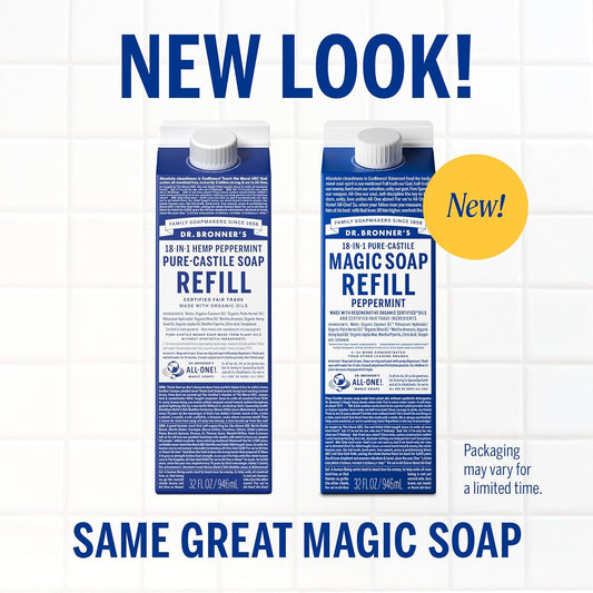 Dr. Bronner's Magic Soap-Pure-Castile Liquid Refill (Peppermint, 32 ounce, 2-Pack) - Regenerative Organic Certified Oils, For Body, Hair, Laundry, Pets & Dishes, Concentrated, Vegan, Non-GMO