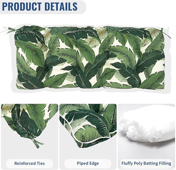 Tufted Bench Cushion for Outdoor Furniture, Patio Swing Cushion 44 x 19 x 5 Inch, Overstuffed Outdoor Chair Cushion for Garden Loveseat Lounge Storage, 1 Pack, Swaying Palms Green