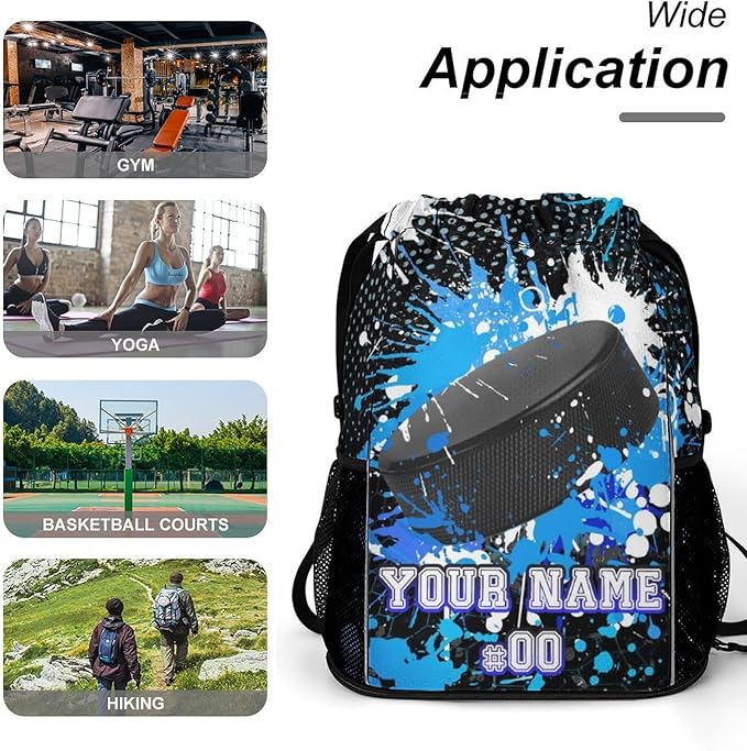 Custom Hockey Drawstring Backpack - Cool Cinch Sack, String Backpacks with Pocket for Kids Women Men Boys Girls for Gym Outdoor Sports Travel Athletic Drawstring Bag - Lightweight/Foldable