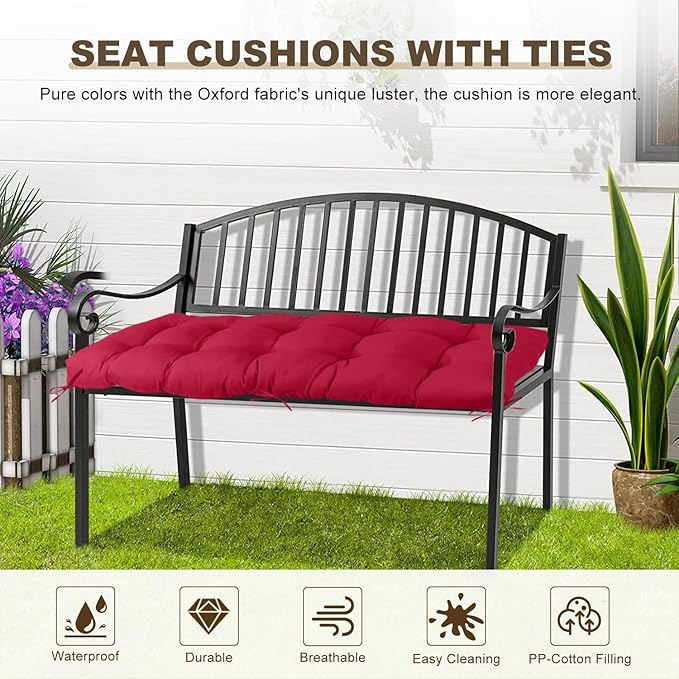 Outdoor Bench Cushion 40inches Waterproof & Fade Resistant Patio Furniture Cushions Tufted Fresh Porch Swing Lounger Loveseat Pads with Straps(Wine red-40x20in)