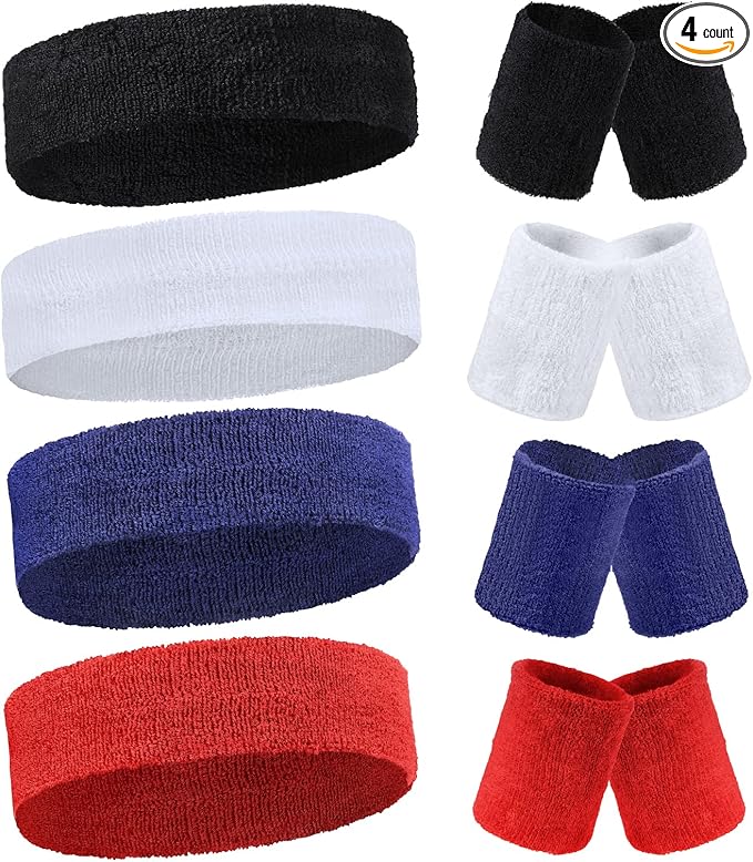 Civaner 12 Pcs 80s 90s Sweatbands Neon Headbands Wristbands for Men Women Party Sports Cotton Headbands Terry Cloth Athletic Sweat Bands for Tennis Football Gym Workingout Accessories
