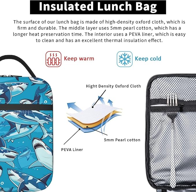 Lunch Box for Women Men, Cute Shark Blue Insulated Lunch Box Reusable Portable Lunch Bag Cooler Tote Waterproof Lunch Container for Office Picnic Work Travel Hiking