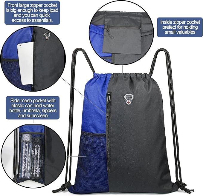 BeeGreen Royalblue Drawstring Backpack Gym Bag For Men & Women – Sports Sackpack with Mesh Water Bottle Holder & 2 Zippered Pockets – Large 16x20 Inch Cinch String Backpack