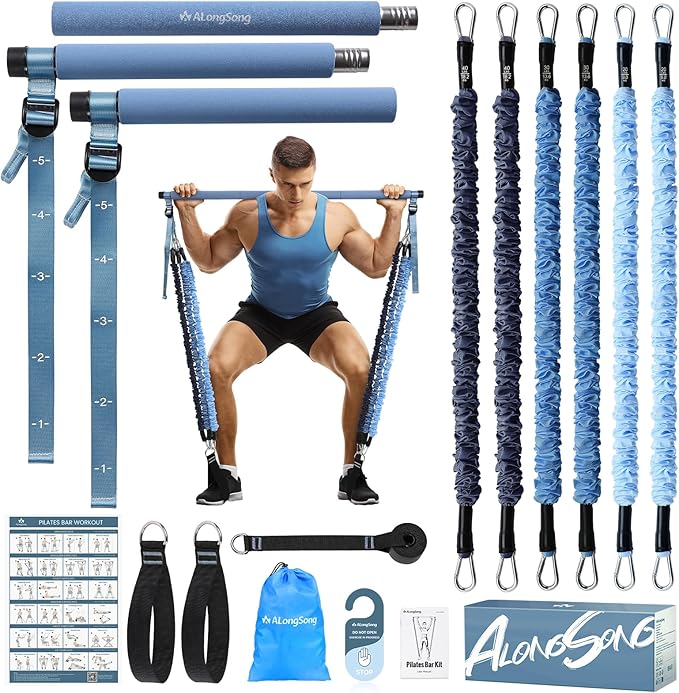 Pilates Equipment Pilates Bar Kit with 6 Fabric Wrapped Resistance Bands 20-180LBS for Women & Men Home Gym Exercise Fitness Full-Body Workouts Multifunctional Yoga Pilates Stick
