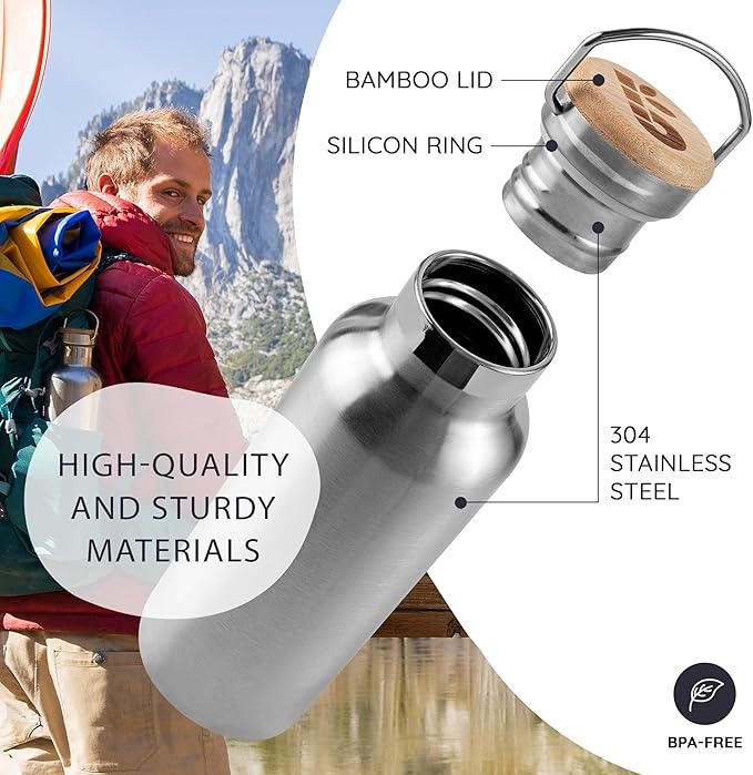 Bambaw Insulated Water Bottle 24oz | Stainless Steel Water Bottle | Insulated Water Bottles | Travel Water Bottle | Metal Water Bottle | Large Water Bottle | Reusable Water Bottle 750 ml