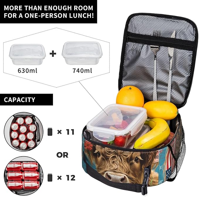 Insulated Lunch Box for Women Men, Highland Cow Theme Lunch Box Reusable Portable Lunch Bag Cooler Tote Waterproof Lunch Container for Office Picnic Work Travel