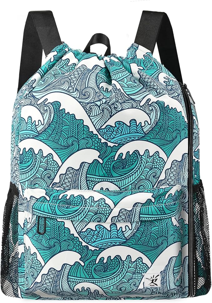 Drawstring Backpack with Mesh Pockets String Gym Bag Sackpack Sandproof Water Resistant Beach Backpack for Men Women