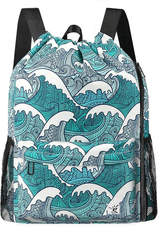 Drawstring Backpack with Mesh Pockets String Gym Bag Sackpack Sandproof Water Resistant Beach Backpack for Men Women