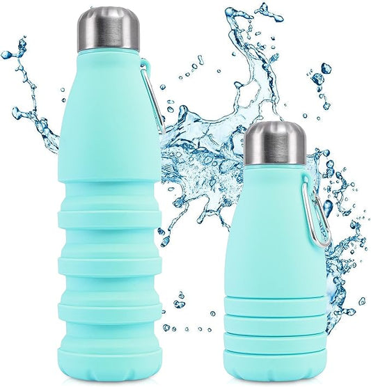 Foldable Drinking Bottle - BPA-free, leak-proof - Ideal festival accessory and practical outdoor companion with carabiner (Turquoise)