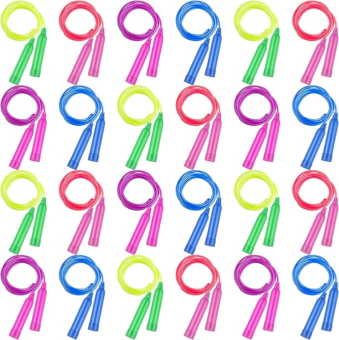 Elcoho 24 Pack Colorful Kids Jump Rope Set Adjustable Plastic Kids Jump Rope Skipping Rope Outdoor Jump Ropes Great Party Favor