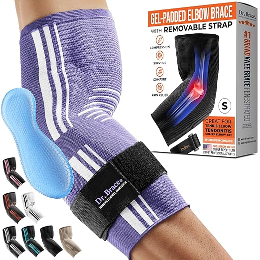 DR. BRACE® Elite Elbow Brace Support, Breathable Elbow Compression Sleeve with Gel Pad for Golfer's, Tennis Elbow & Tendonitis Treatment & Pain Relief 2024 (Purple-White, Small)