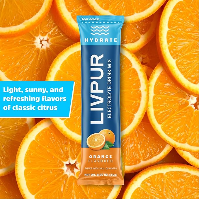 LivPur Electrolyte Drink Mix, Instant Hydration Powder with Vitamin C, B6, B12 & Essential Amino Acids for Muscle Support & Immune Health, Sports Essentials, Orange Flavor, 15 Stick Packs