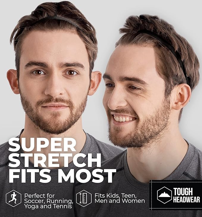 Tough Headwear Thin Elastic Headbands for Men - Sports Hair Head Band for Women & Men - Non Slip Mens Workout Headband - Running or Soccer Headband - 6-Pack