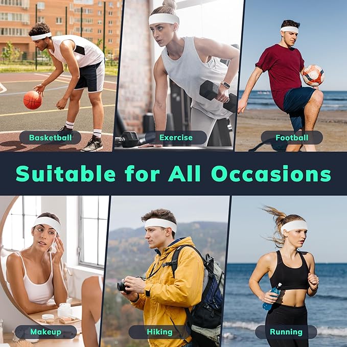 Sweatbands Sports Headband for Men & Women - Terry Cloth Moisture-Wicking Sports Towel Headband for Tennis, Basketball, Running, Gym, and Fitness Working Out