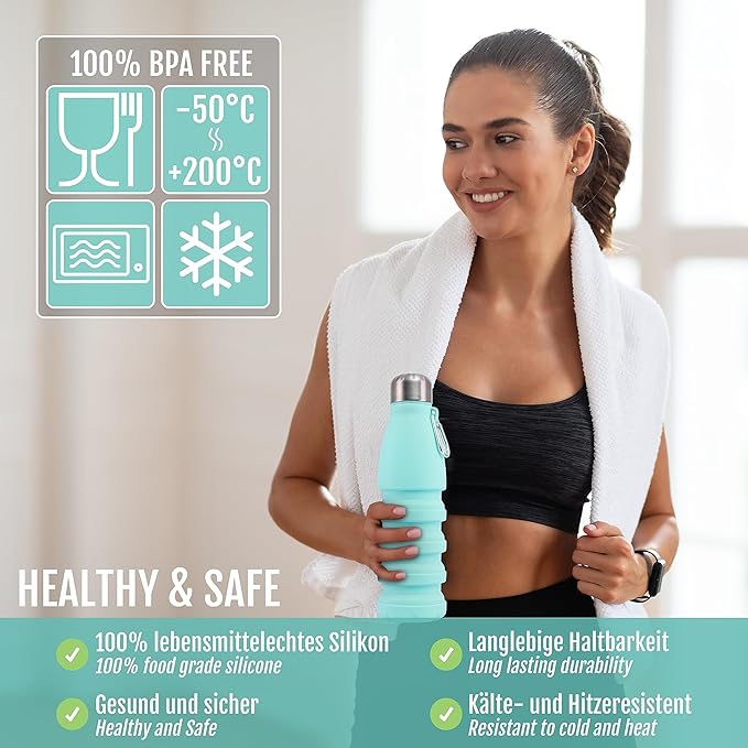 Foldable Drinking Bottle - BPA-free, leak-proof - Ideal festival accessory and practical outdoor companion with carabiner (Turquoise)