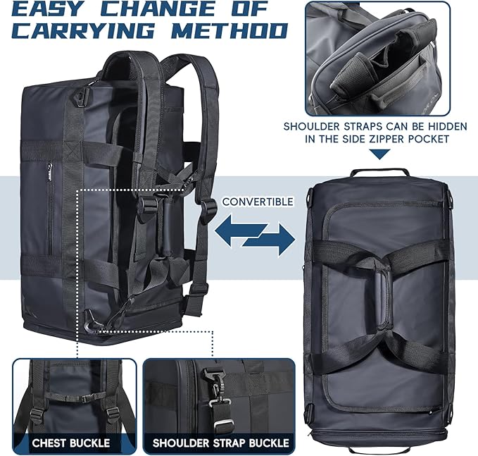 Duffle Backpack Heavy Duty Gym Bag for Men, 50L Convertible Travel Duffel Water Resistant Large Hand Bag for Sport Weekend, Black