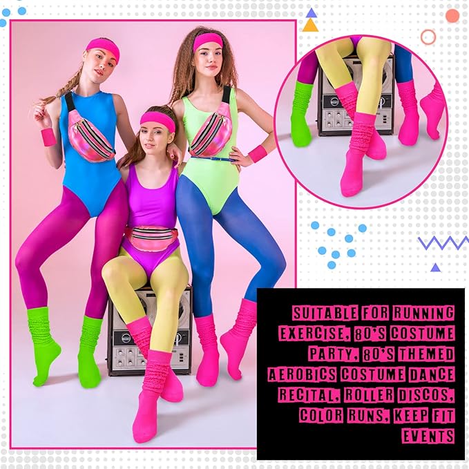 Tarpop 80s Neon Women Slouch Socks 90s Headbands Wristbands Fanny Pack Leg Warmers Sweatbands Waist Bag Women Party Costume