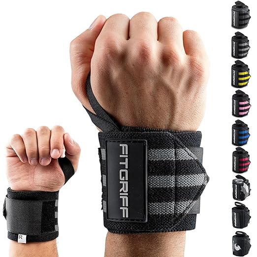 Fitgriff® Wrist Wraps for Weightlifting (18") Heavy-Duty Support for Gym, Bench Press, and Pushups (1 Pair) - for Men and Women (Black/Grey)