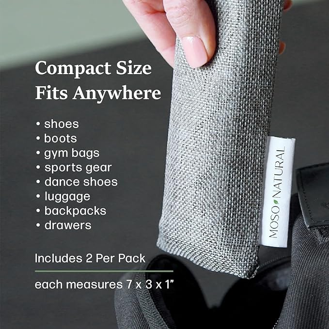 Moso Natural Shoe Deodorizer Insert (3 Pack) Charcoal Odor Absorber for Shoes, Gym Bag & Boot Deodorizer, Long-Lasting Shoe Odor Elimination, Unscented Air Purifying Bags (Two Per Pack. 6 Total)