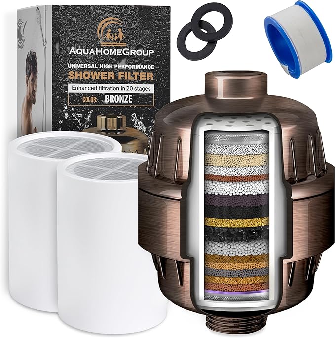 AquaHomeGroup 20 Stage Shower Filter with Vitamin C E for Hard Water - High Output Shower Water Filter to Remove Chlorine and Fluoride - 2 Cartridges Included -Consistent Water Flow Showerhead Filter