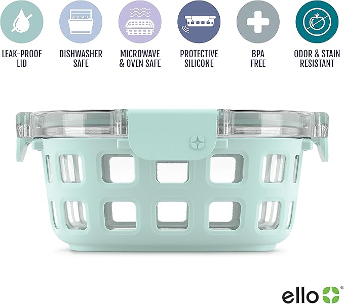 Ello Duraglass 3.4 Cup Round Meal Prep Sets 10Pc, 5 Pack Set- Glass Food Storage Container with Silicone Sleeve and Airtight BPA-Free Plastic Lids, Dishwasher, Microwave, and Freezer Safe, Melon