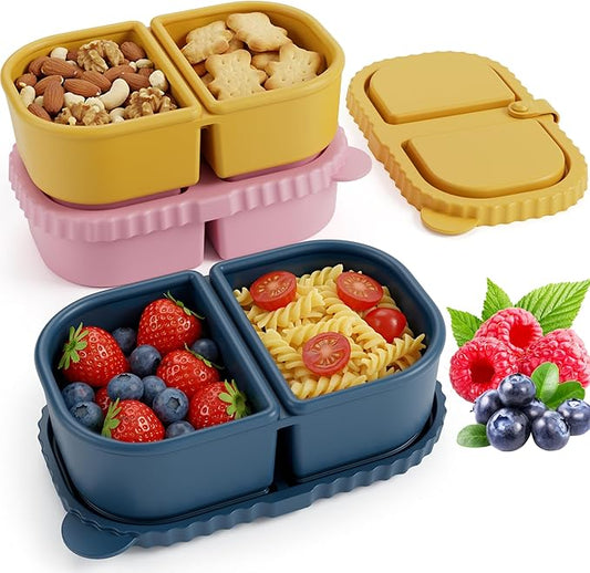 3 Pack Reusable Silicone Snack Containers with Lids, 8.5oz 2 Compartment Snackle Box Containers,Ideal Portable Small Food Storage Box for School, Office and Picnic(Blue, Pink, Yellow)
