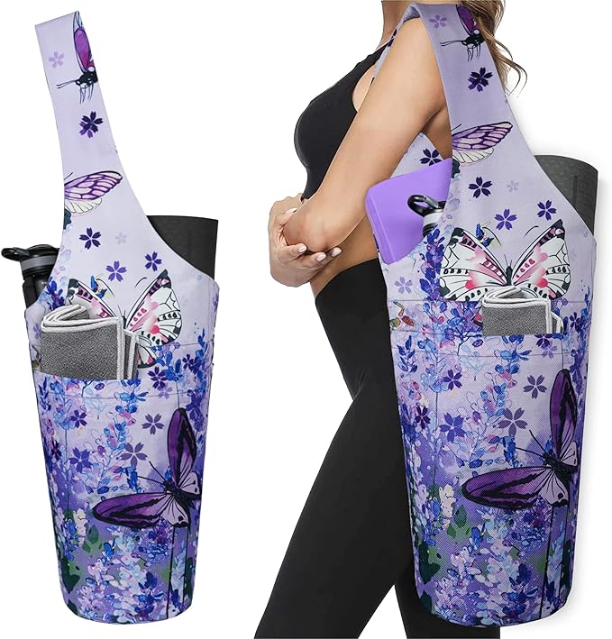 Fashion Printed Yoga Mat Bag with Large Side Pocket & Zipper Pocket Long Tote Yoga Bag Fit Most Size Mats - Holds More Yoga Accessories