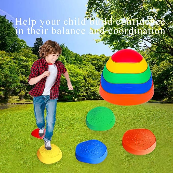 10 PCS Stepping Stones Balance Obstacle Course for Kids, Indoor Outdoor Sensory Play Equipment Helps Build Coordination and Stability, Non-Slip Textured Surface and Rubber Edging
